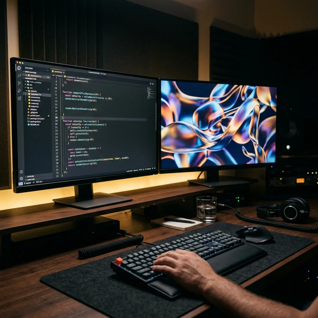 Abstraktes WEUX Coverbild mit Code-Timeline, Keyframes und Motion-Preview